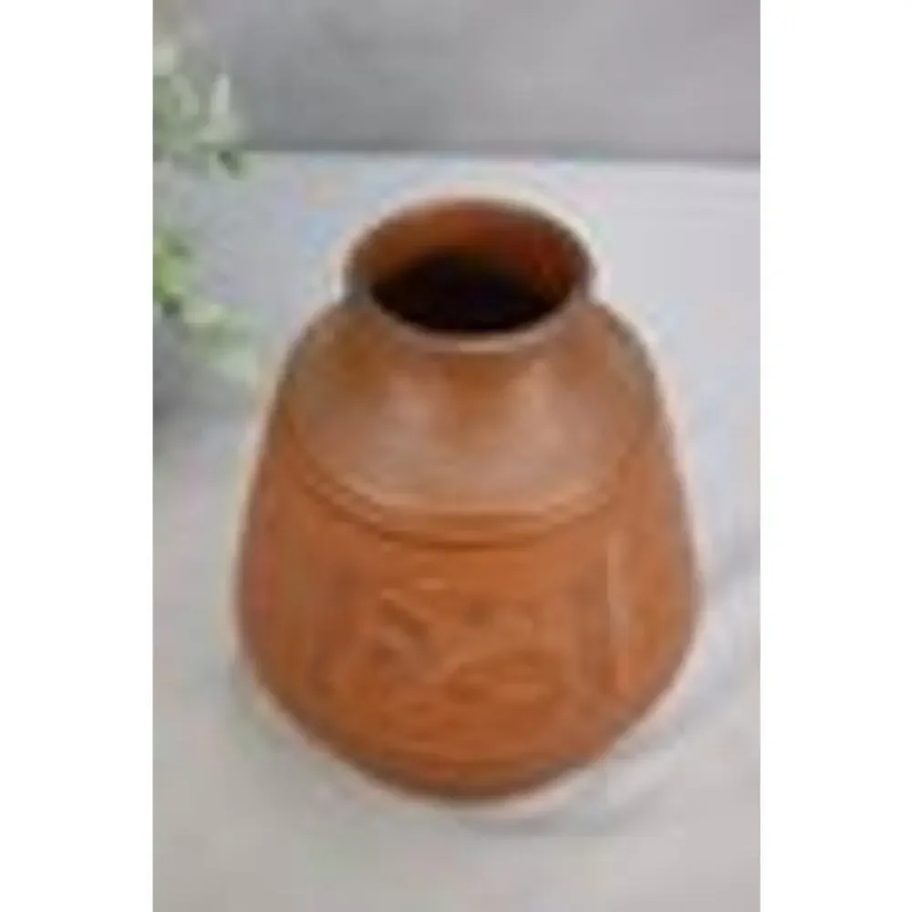 Vintage Intaglio Etched Redware Flower Vase, Signed Bottom